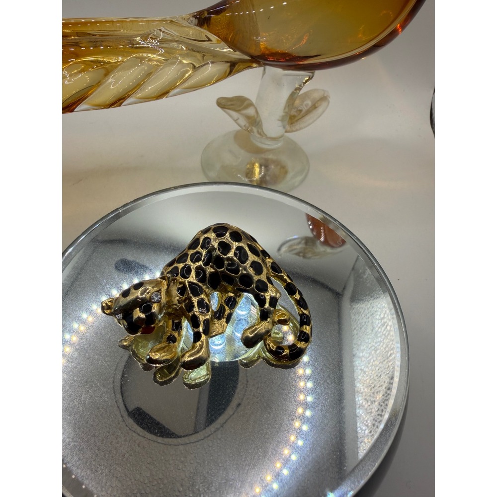 Vintage Leopard Brooch Gold Tone Black Enamel Spotted Cheetah Panther Pin 2 Inch